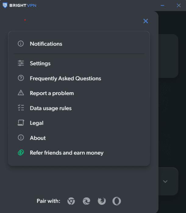 Bright VPN menu