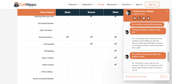Customer service options CallHippo