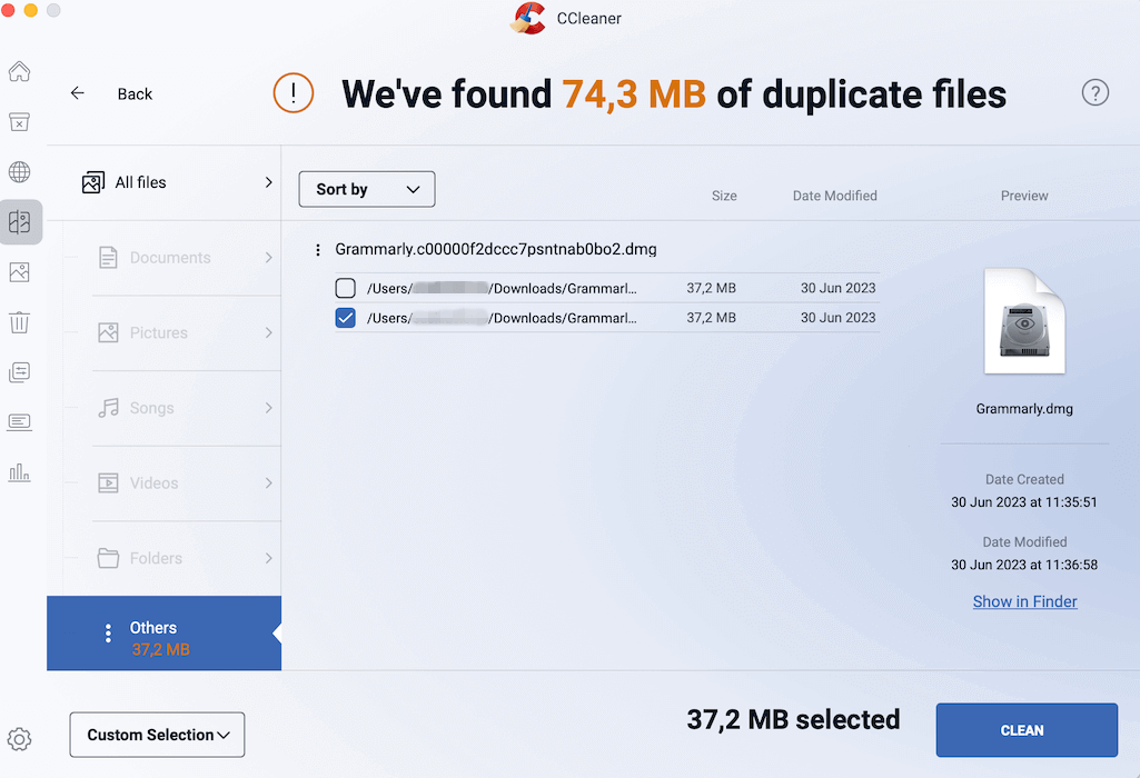 CCleaner duplicates scan