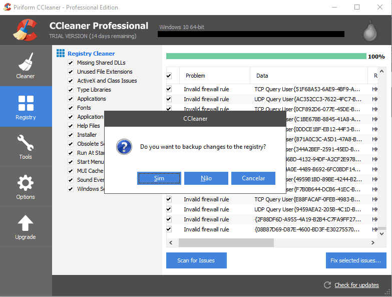 CCleaner registry backup