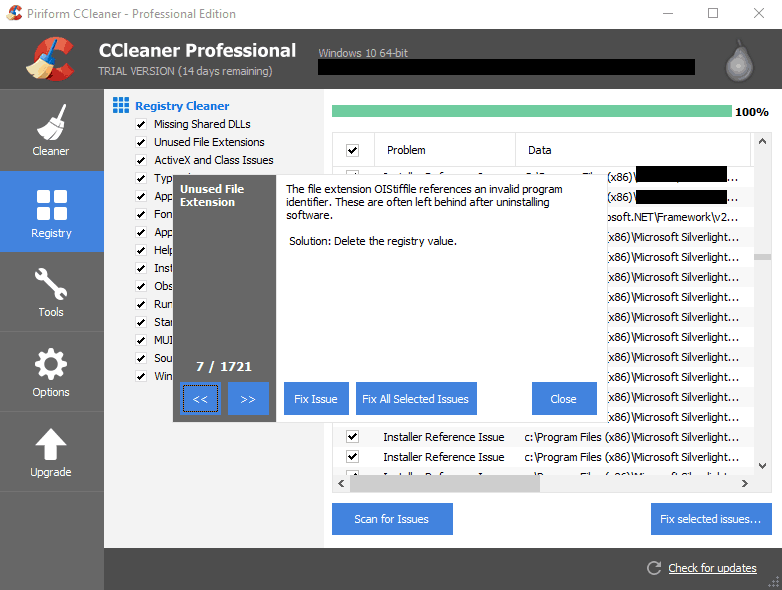 CCleaner cleaning details