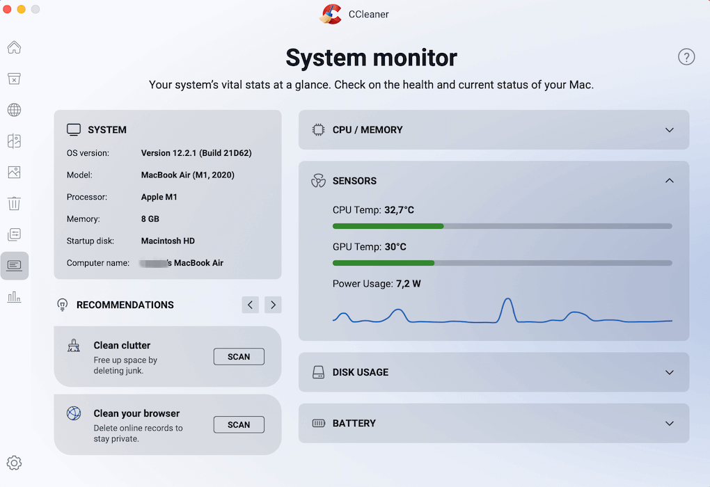 CCleaner system monitor sensors