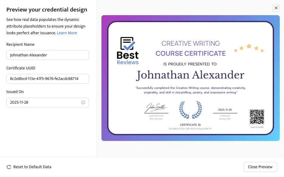 Certifier certification preview