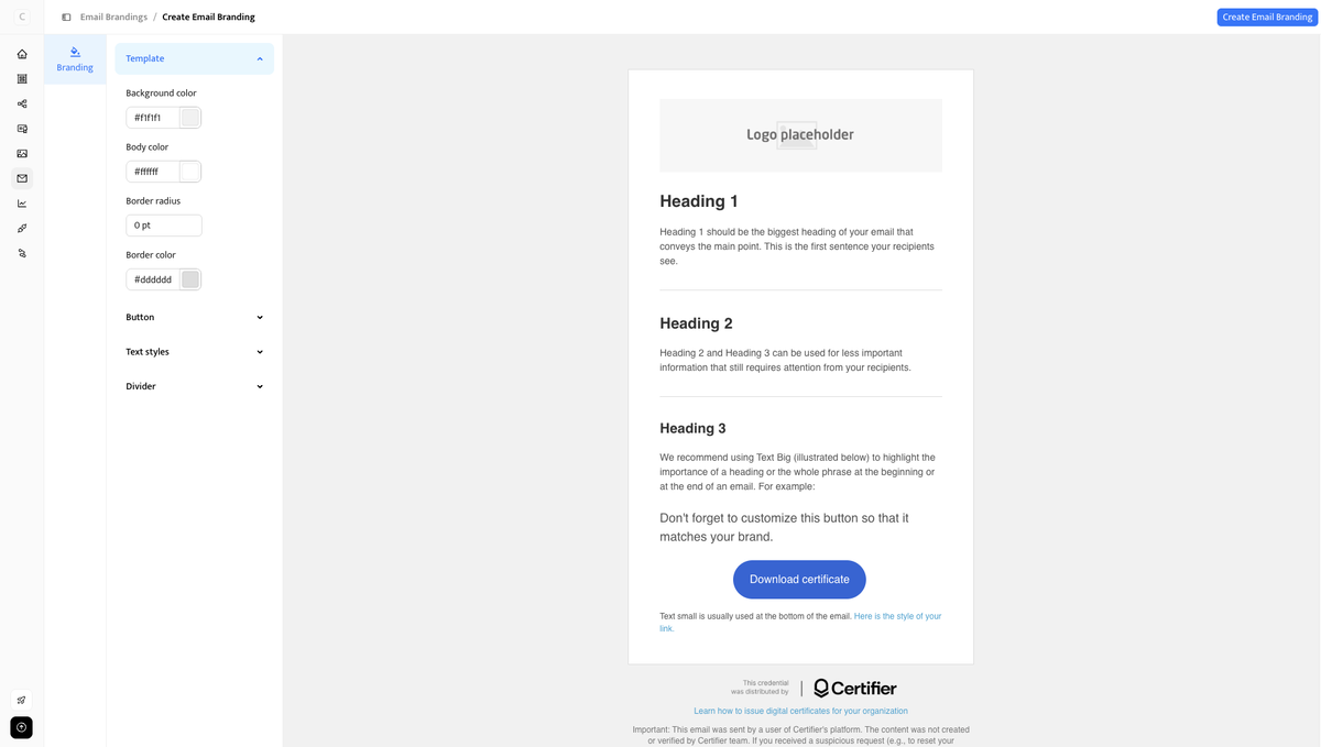 Certifier email branding