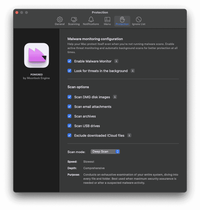 CleanMyMac protection settings