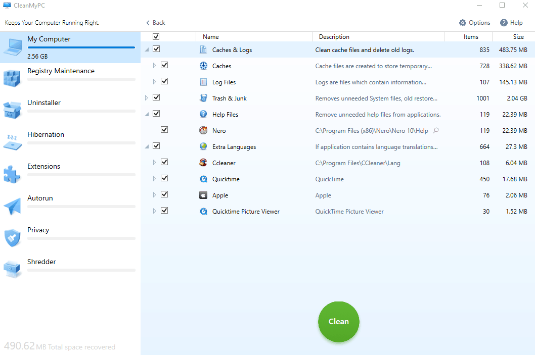 CleanMyPC scanning results