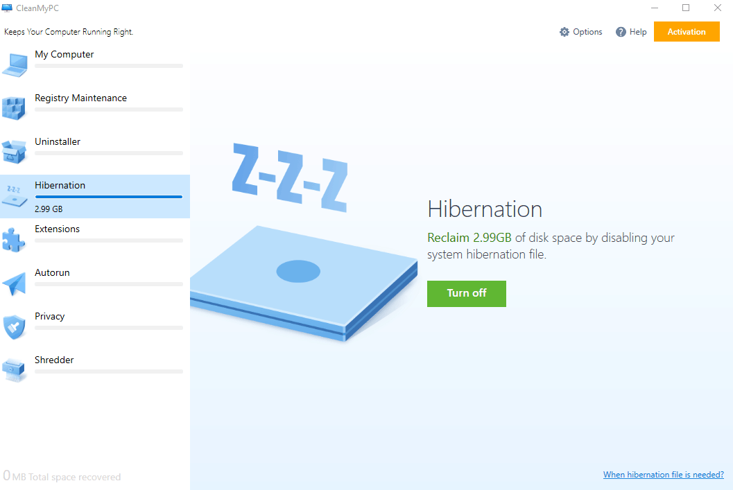 CleanMyPC hibernatioon