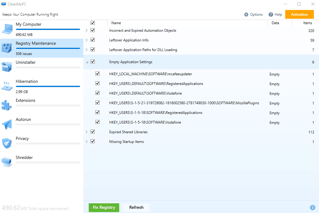 CleanMyPC scanning results
