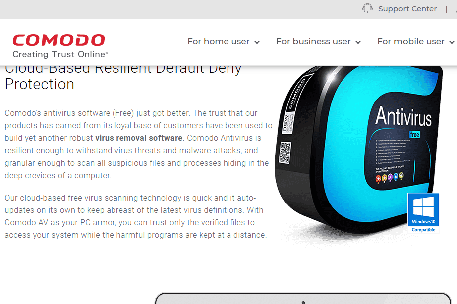 Homepage for Comodo Free Antivirus