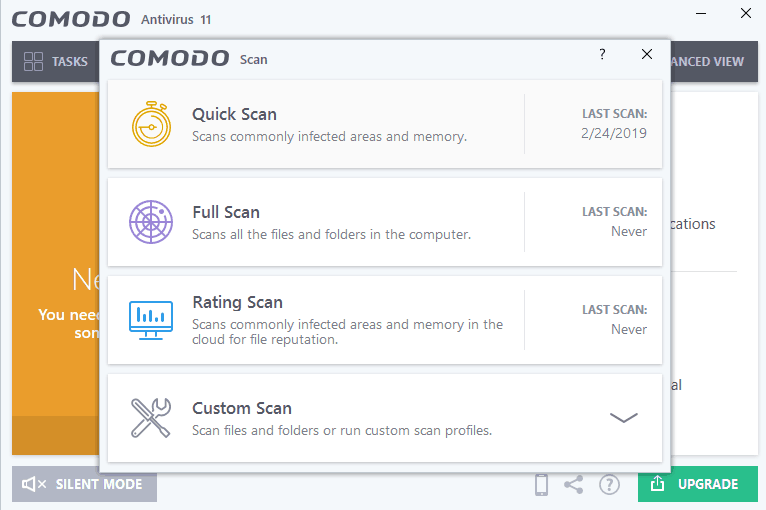 Scanning options with Comodo Free Antivirus