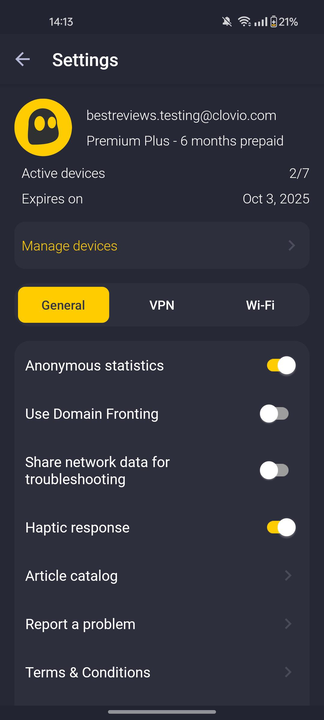 CyberGhost VPN android settings