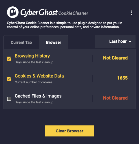 CyberGhost VPN cookie cleaner browser extension settings