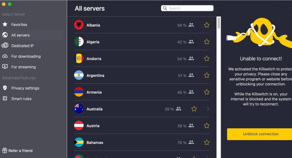 CyberGhost VPN killswitch activated