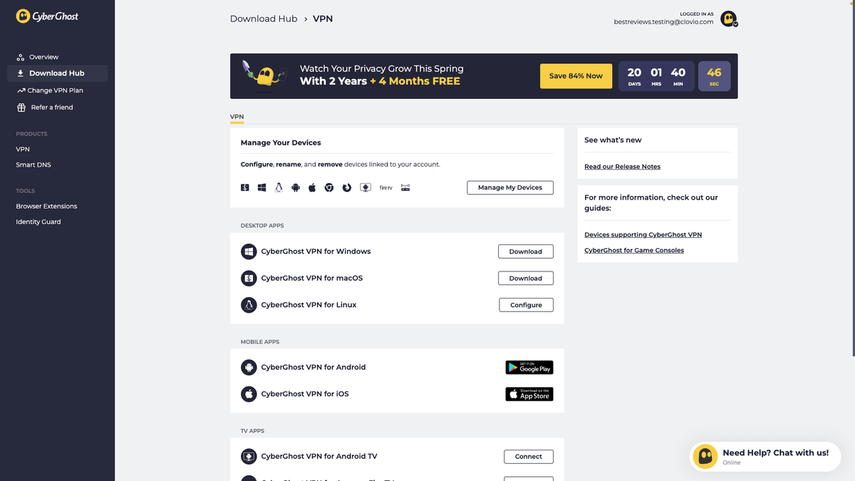 CyberGhost VPN online dashboard download hub