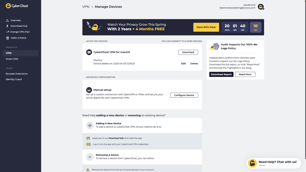 CyberGhost VPN online dashboard manual setup