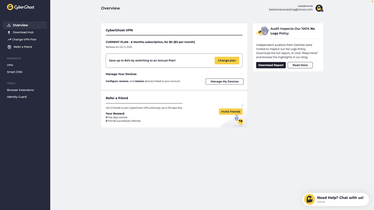 CyberGhost VPN online dashboard