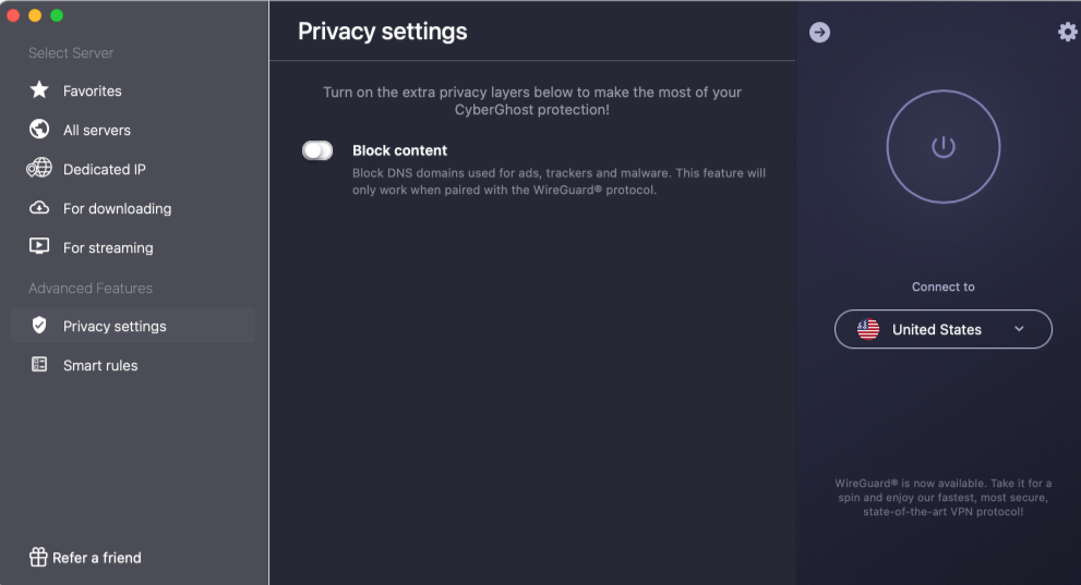 CyberGhost VPN privacy settings