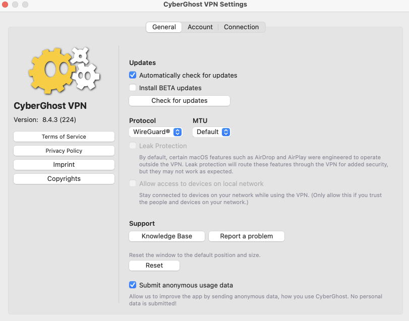 CyberGhost VPN settings