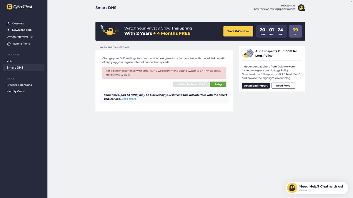 CyberGhost VPN smart DNS