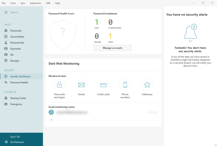 Dashlane identity dashboard