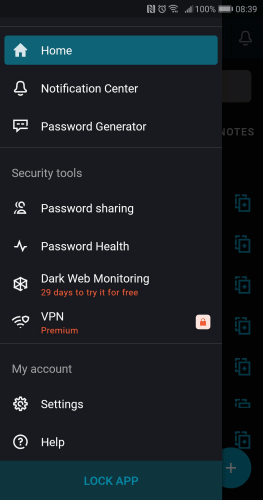 Dashlane mobile menu