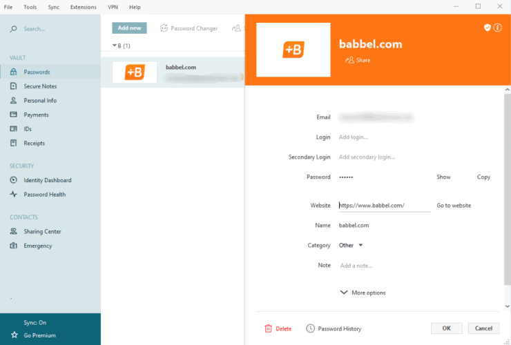 Dashlane password info