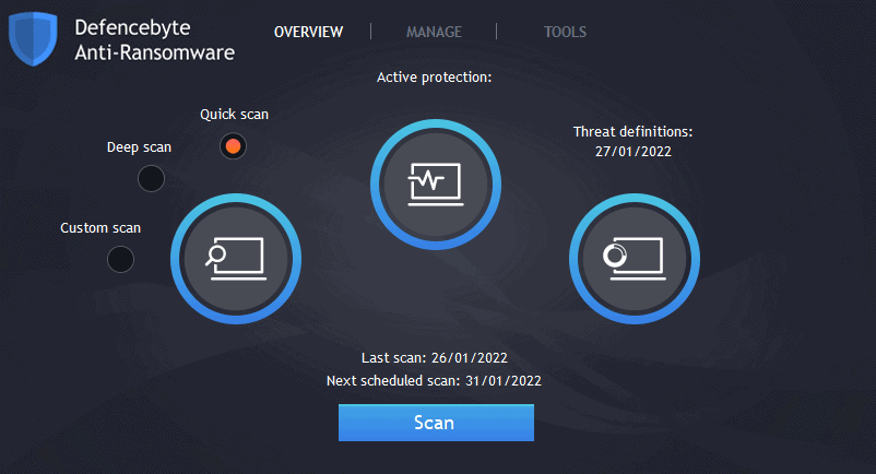 Defencebyte anti-ransomware dashboard