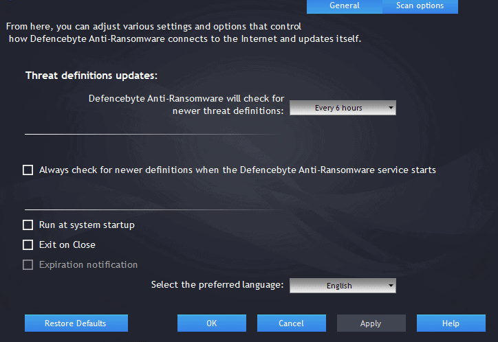 Defencebyte anti-ransomware general settings
