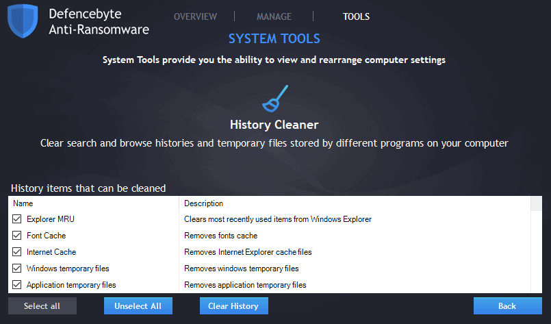 Defencebyte Anti-Ransomware history cleaner