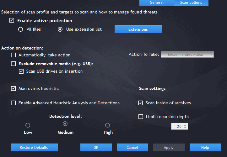 Defencebyte Anti-Ransomware scan options