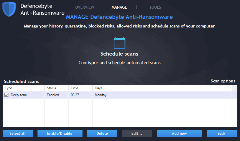 Defencebyte Anti-Ransomware scheduling