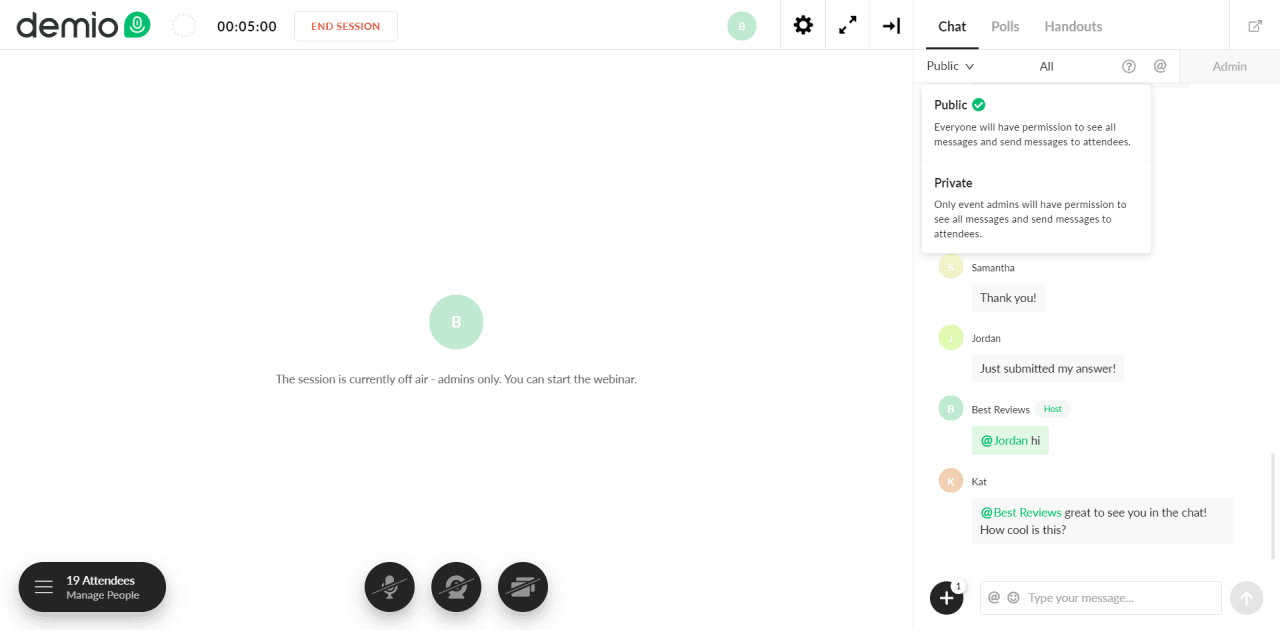 Demio private and public messages