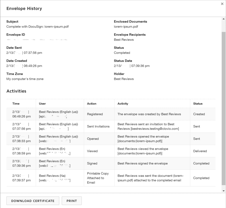 SignNow audit trails