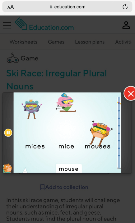 Education.com game on mobile browser