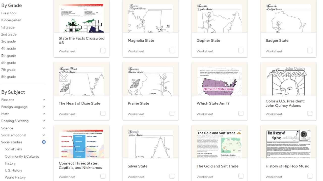 Education.com worksheets filtering