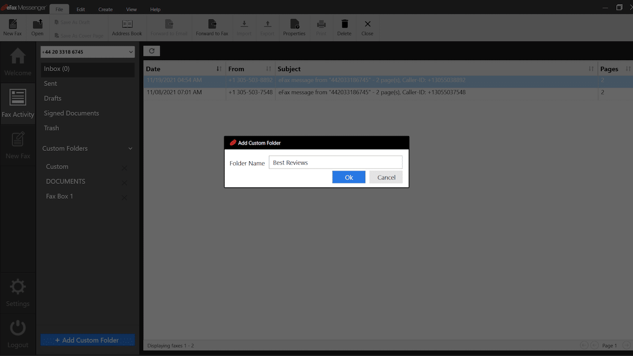 eFax custom folder