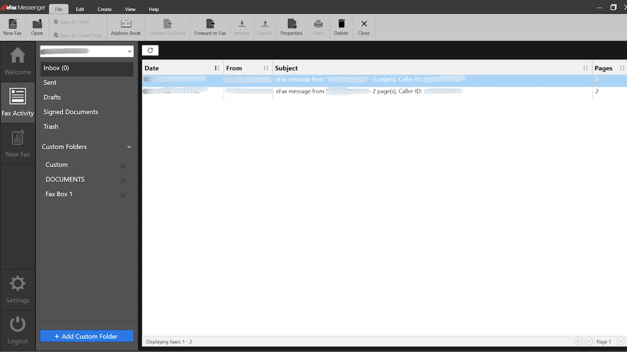 Inbox in eFax's online account