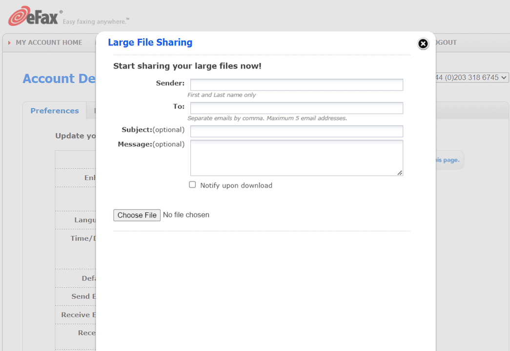 Large file sharing in eFax