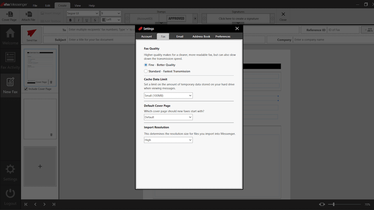 eFax settings
