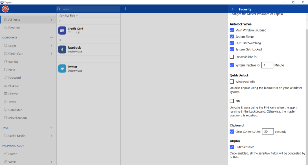 Enpass security settings