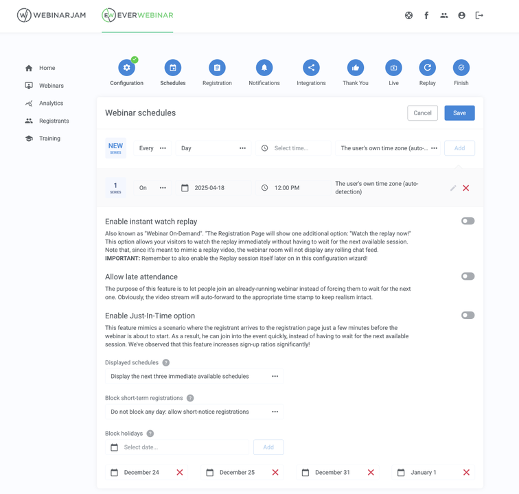 EverWebinar schedule settings