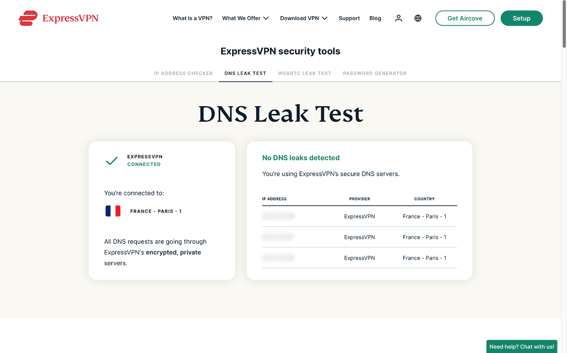 ExpressVPN DNS leak test
