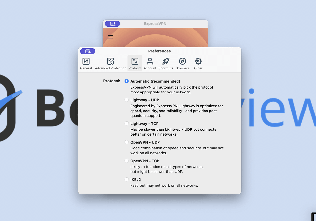 The different protocols of ExpressVPN displayed