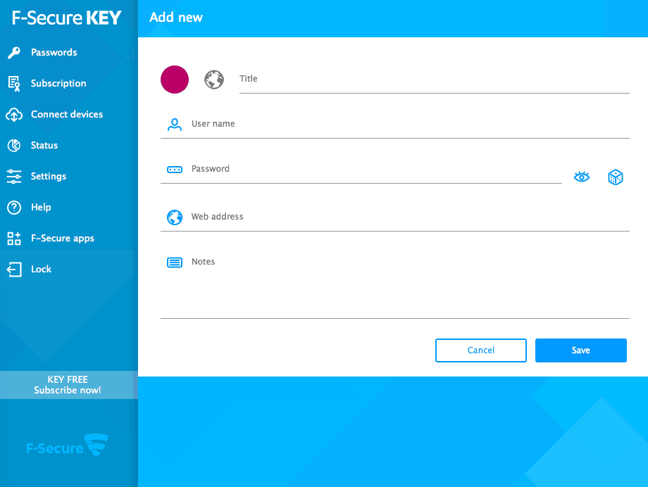 F-Secure KEY's add password
