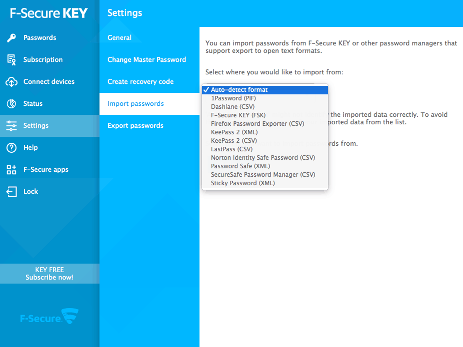 F-Secure KEY password import