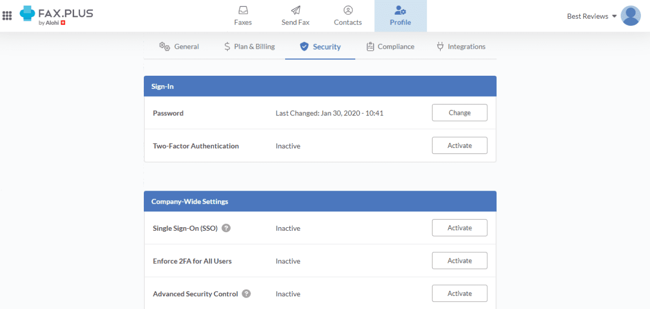 Fax Plus Security Settings