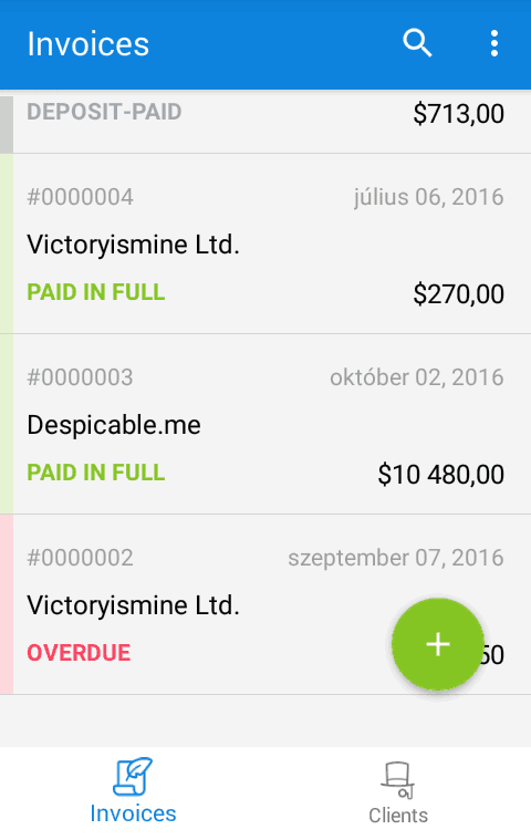 Main screen (invoices) in FreshBooks android