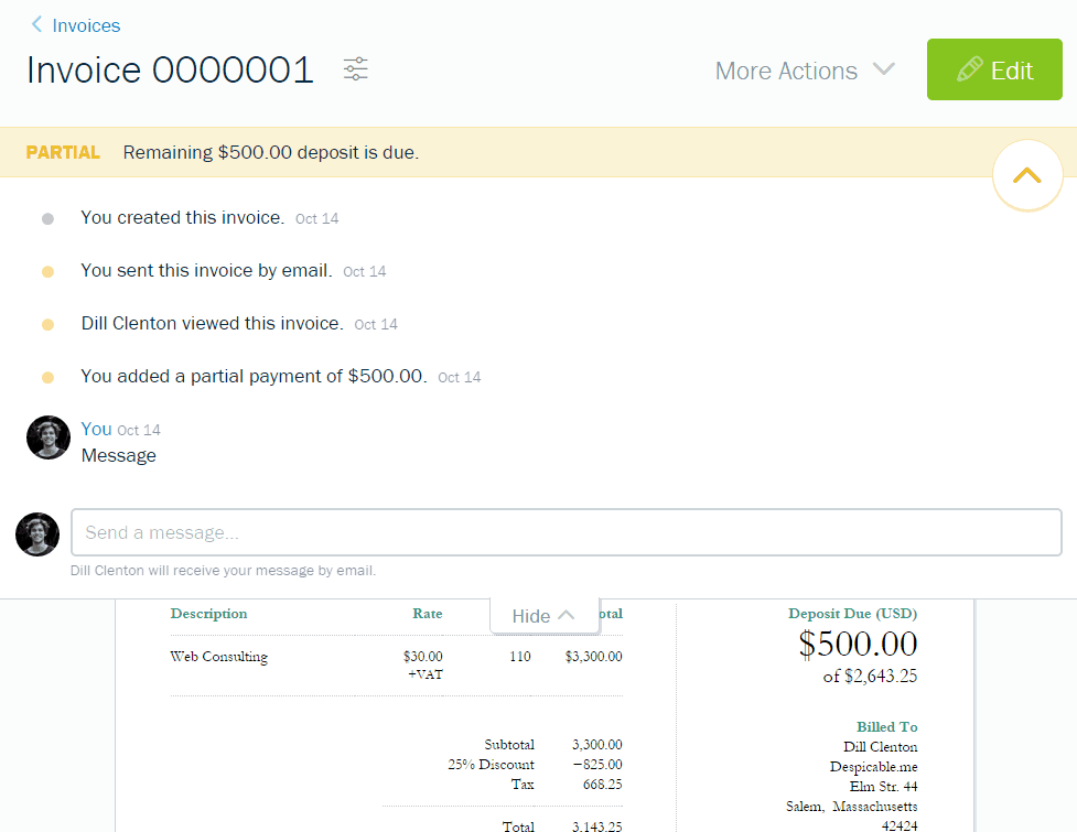 Invoice info and messaging in FreshBooks