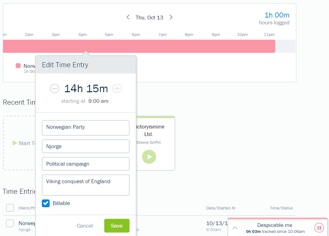 Time tracking in FreshBooks