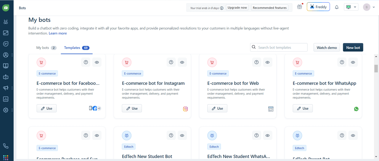Freshchat bot templates